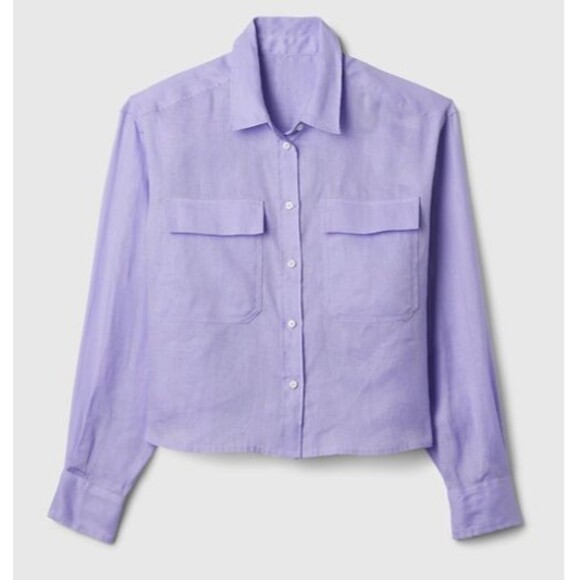 GAP Women Linen Shirt Long Sleeves Cropped Casual Minimalist Classic PURPLE XL - Picture 11 of 12